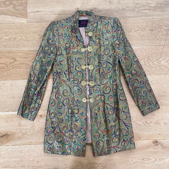 Max Nugus Embroidered Silk Tunic Jacket in Green Multi - Picture 1 of 6
